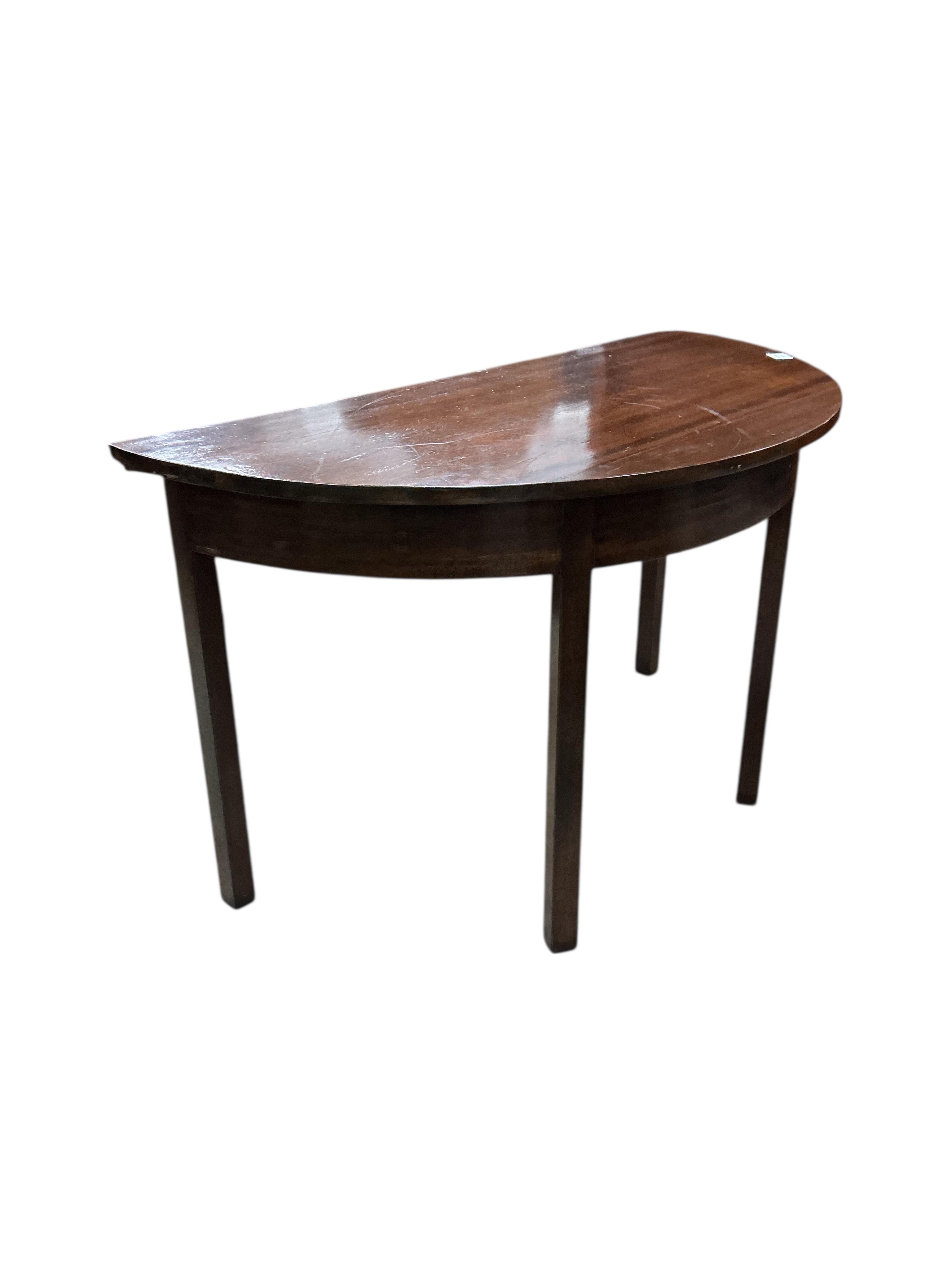 A George III style mahogany D end extending dining table incorporating some old timber, width 294cm extended, depth 122cm, height 73cm